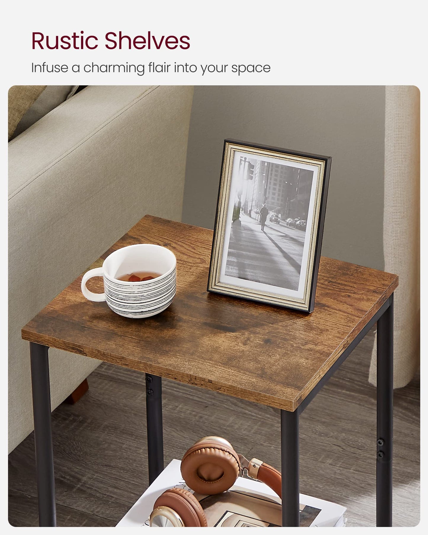 VASAGLE Set of 2 Side Tables, 2-Tier Sofa Side Tables, Bedside Tables with Steel Frames, for Living Room, Bedroom, Home Office, Industrial Style,