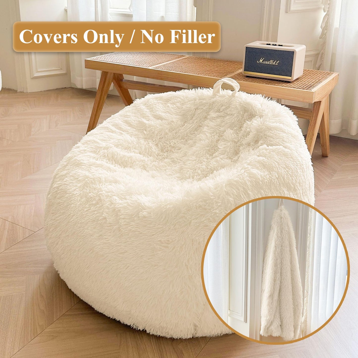 XeGe Soft Faux Fur Stuffed Animal Storage Bean Bag Cover(No Filler), Beige