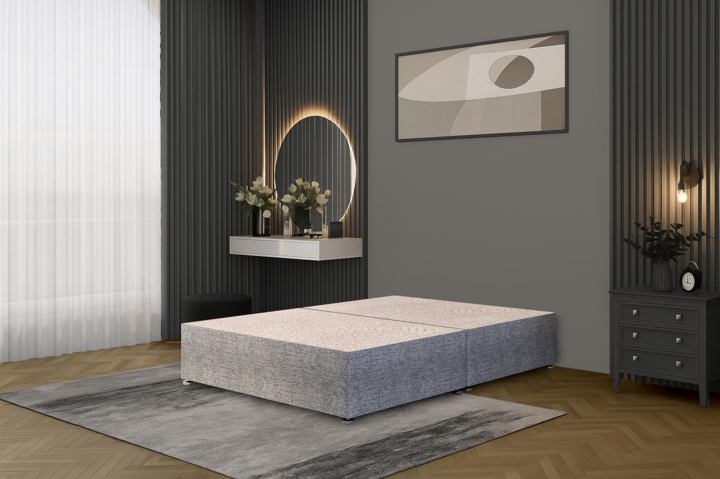 Bed Centre Tweed Grey Flexby Divan Bed Base – Upholstered Platform Frame | Super King (6FT) | Optional Headboard & Storage Drawers