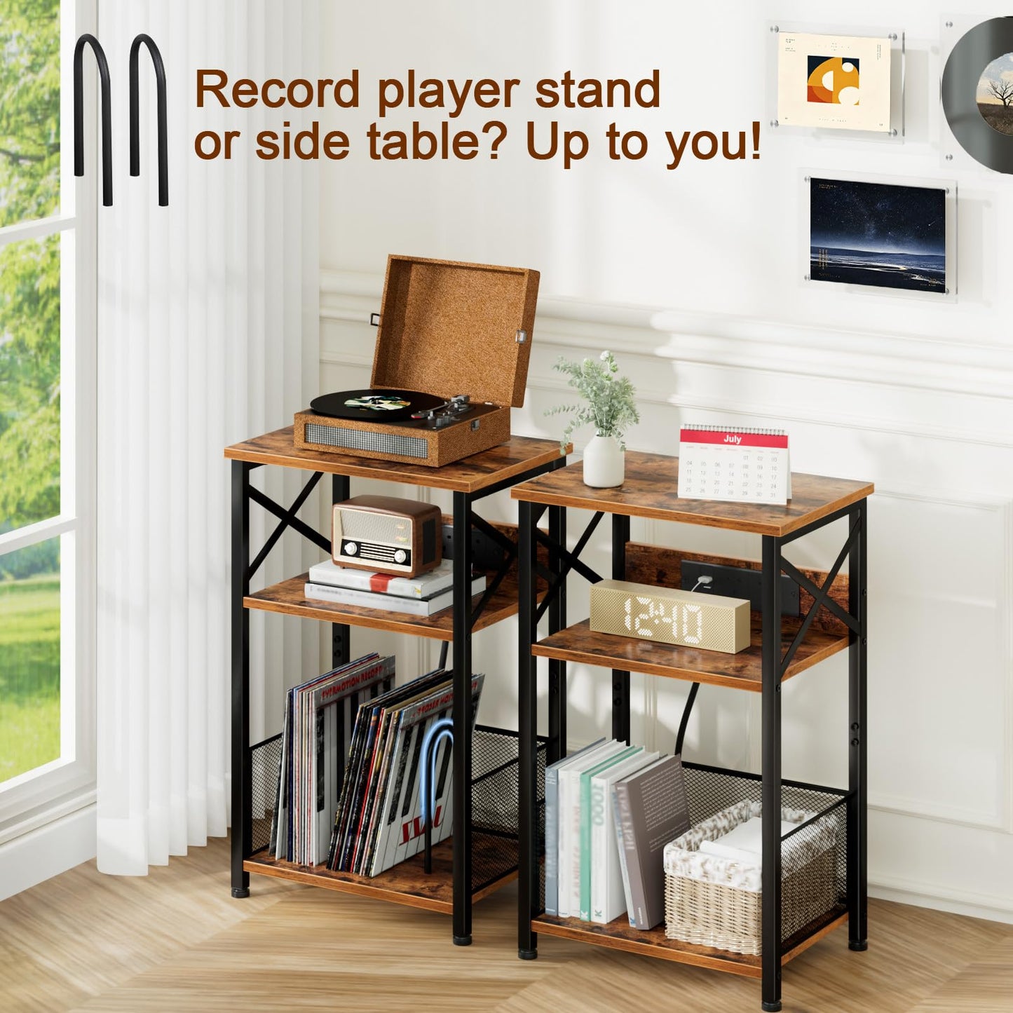 AMHANCIBLE Record Player Stand with Charging Station, Vinyl Record Storage