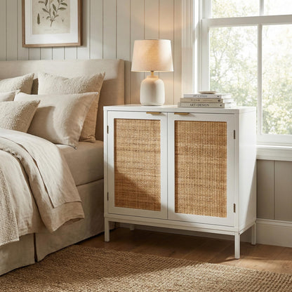 Yvsevnr White Rattan Buffet Cabinet, Sideboard and Tv Cabinet, Accent Cabinet with Magnetic Closure, Metal Legs, Anti-tipping