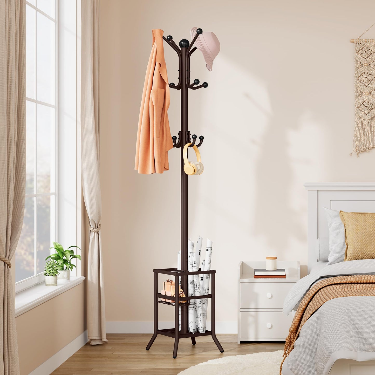 FAVOOSTY Coat Stand Coat Rack with 12 Hooks, Free standing Clothes Clothing Rack with Umbrella Holder, Hats