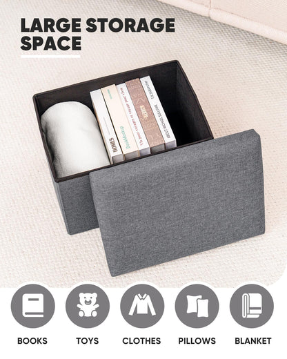 Bonlife Grey Ottoman Storage Box - Foldable Rectangular Footstool for Living Room, Kids Toy Chest with Lid, Multi-Use Seat & Storage, 42x32x32 cm