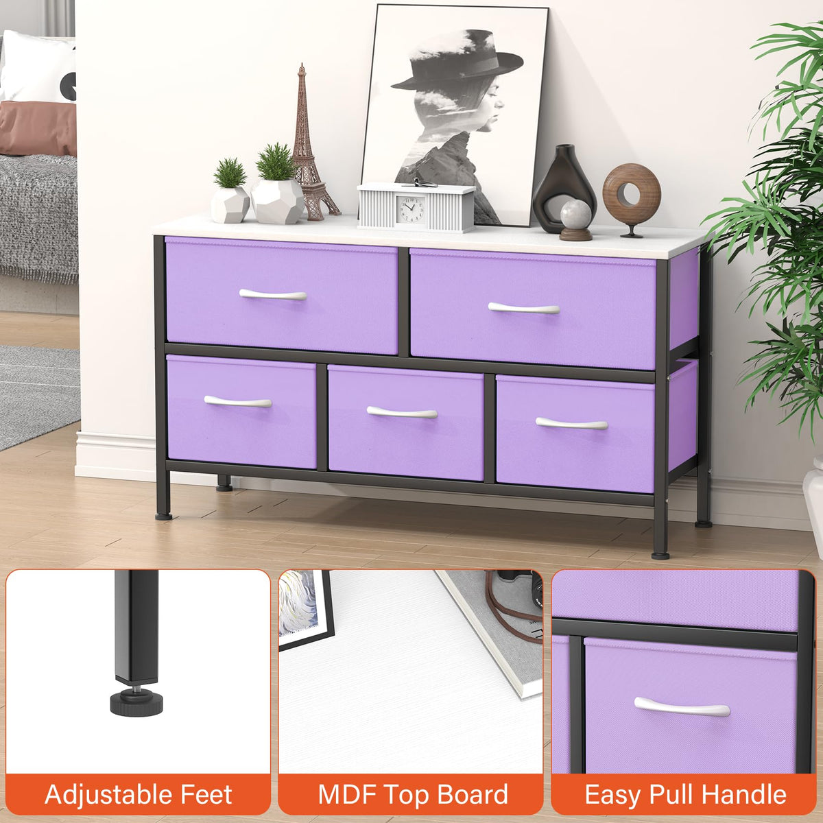 Feonase Bedroom Chest of Drawers, 5 Fabric Drawers Dresser with Metal Frame and MDF Top Board, Modern Storage Unit for Bedroom Living room, Entryway