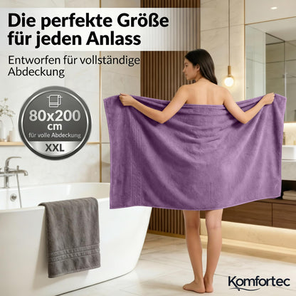 Komfortec Jumbo Bath Towels, 100% Cotton, Quick Dry, 80x200, Grey & Purple