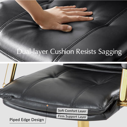 HULALA HOME Faux Leather Home Office Chair with Gold Base and Arms, Black
