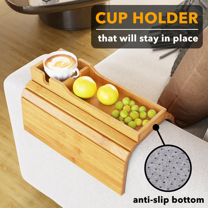 SpaceAid Bamboo Couch Cup Holder, Anti Falling Foldable Sofa Armrest Tray with Cup Holder, Couch Arm Side Table Organizer for Drink Cup Remote Snacks