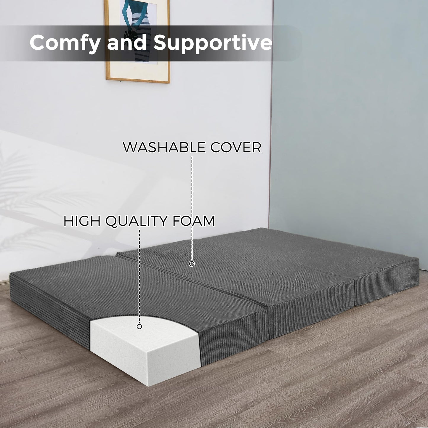 MAXYOYO Folding Corduroy Mattress, Tri Fold Floor Mattress 10cm thick with Washable Cover,Foldable in Three,Space-Saving for Guest (Charcoal, King)