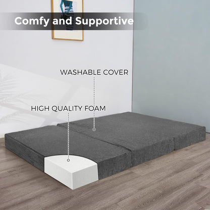 MAXYOYO Folding Corduroy Mattress, Tri Fold Floor Mattress 15cm thick with Washable Cover,Foldable in Three,Space-Saving for Guest (Charcoal, Double)