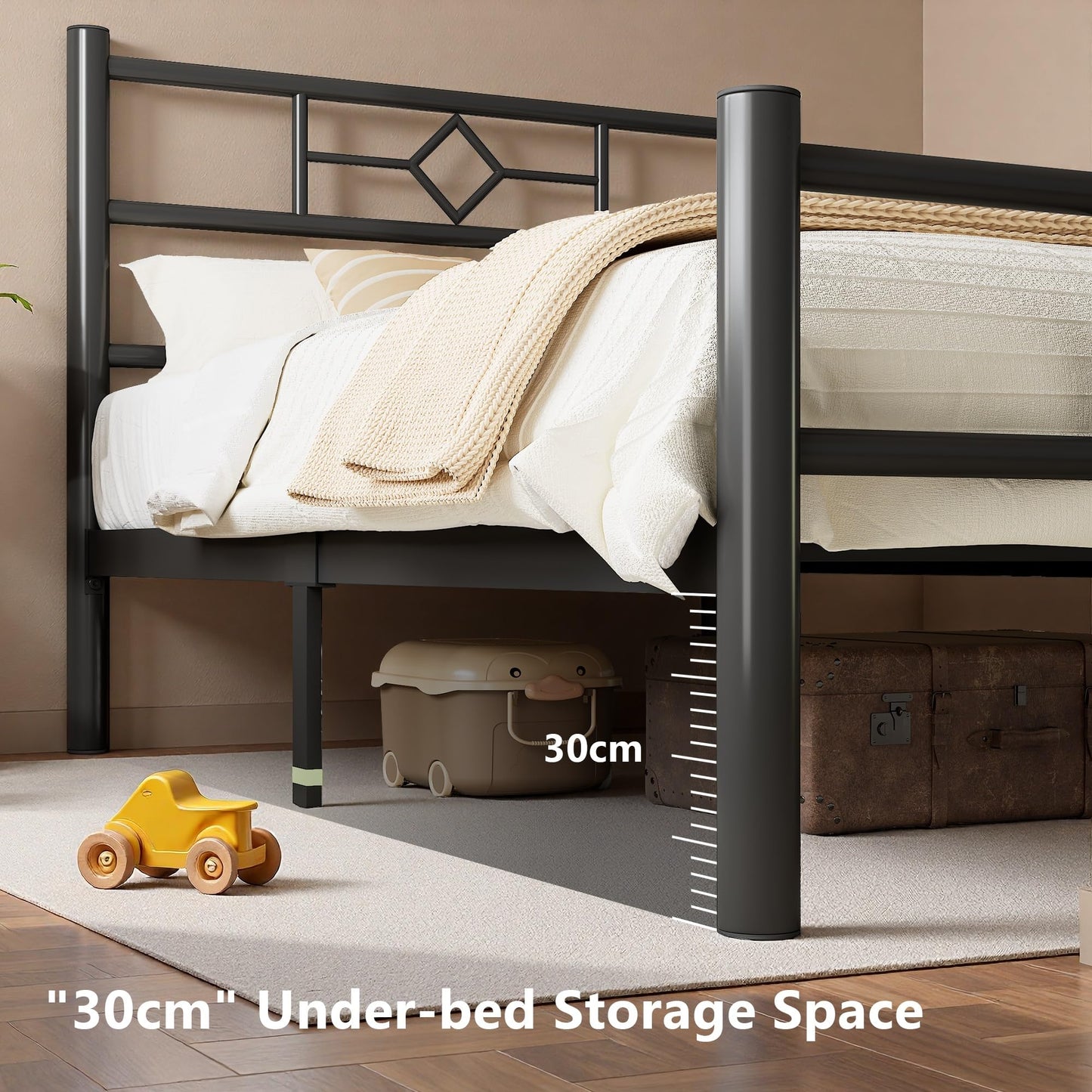 Feonase Single Bed Frame 3ft with Headboard & Footboard, Single Metal Bed Frame with Heavy Duty Metal Slat Support, Ample Under-bed Storage