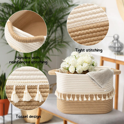 danpinera Storage Baskets 38x25x22cm – Woven Storage Basket with Tassels, Toy Basket with Handle, Rope Organizer for Living Room, Bathroom Baskets