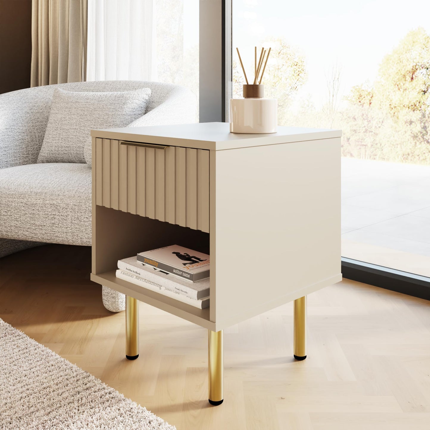 GFW Nervata Lamp Table, Oak Effect Side Table with Drawer Storage, Ribbed Detailing & Metal Legs