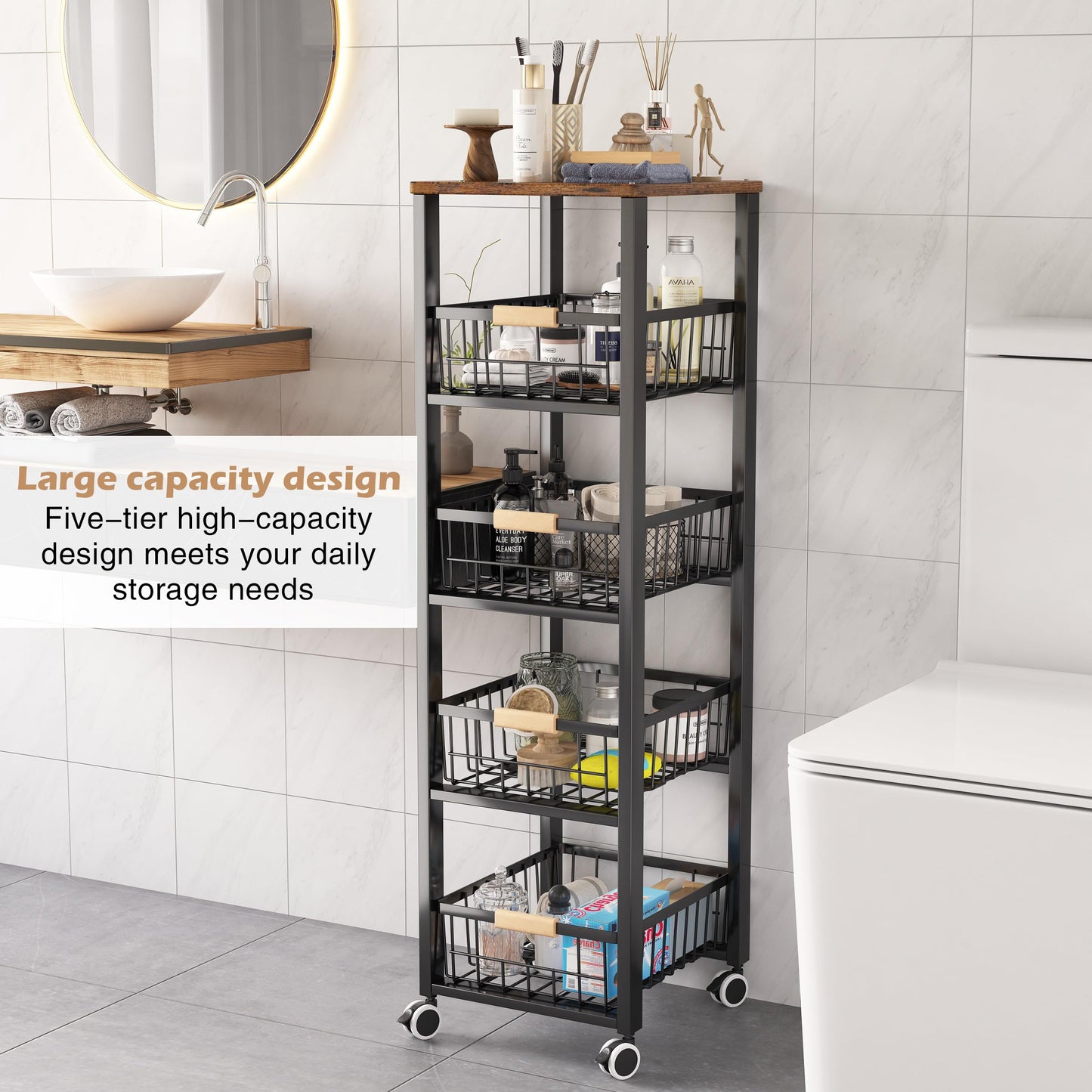5 tier kitchen storage trolley,fruit basket stand,vegetable storage rack on wheelsy,5-tier kitchen basket trolley,tall trolley on wheels,chefs