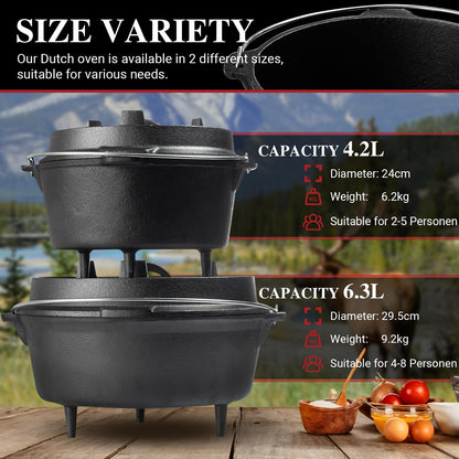 OVERMONT 5.7L/6 Quart(Pot body+lid) All-Round Dutch Oven Dual Function Lid Griddle with Lid Lifter Camping Pre Seasoned Cast Iron Pot