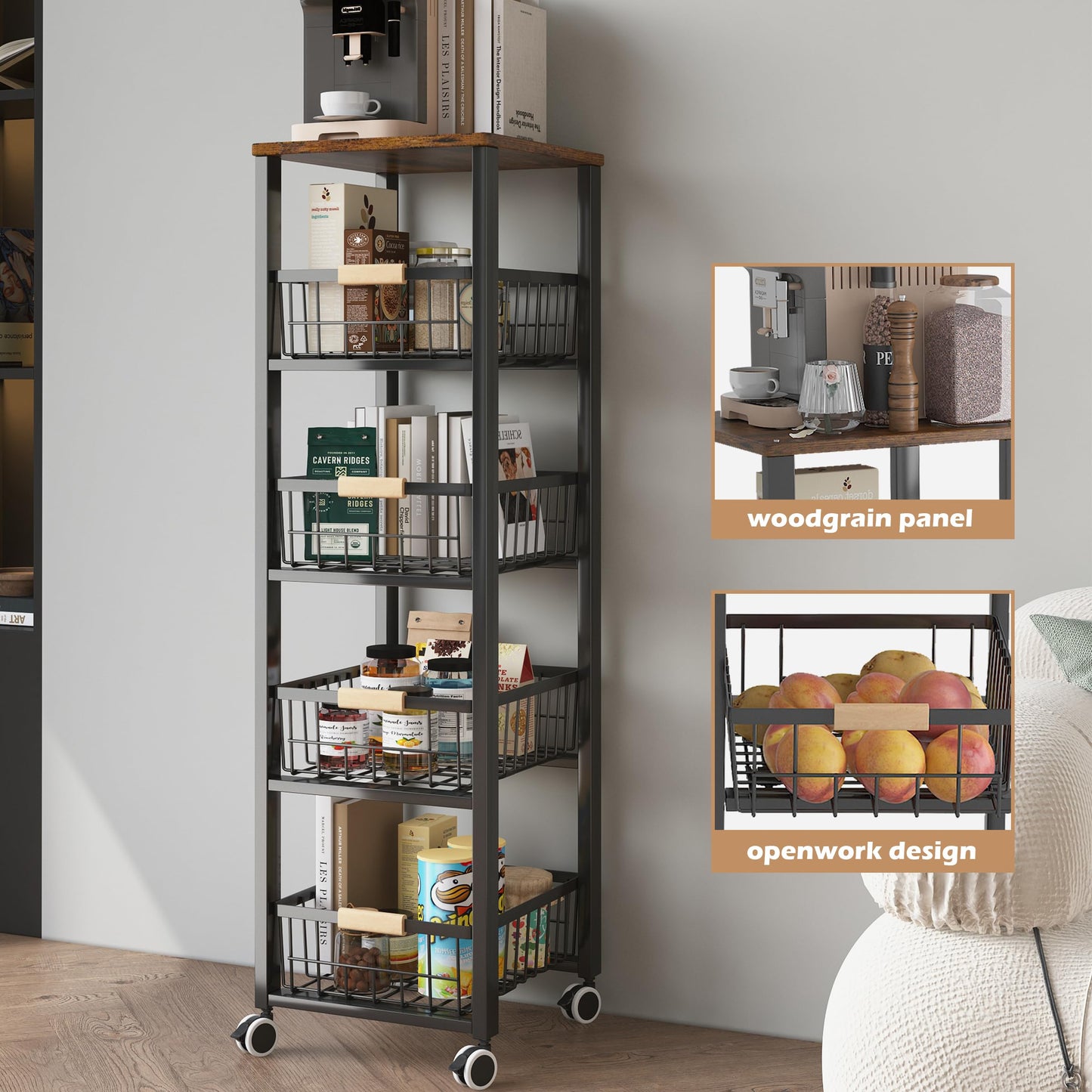 5 tier kitchen storage trolley,fruit basket stand,vegetable storage rack on wheelsy,5-tier kitchen basket trolley,tall trolley on wheels,chefs