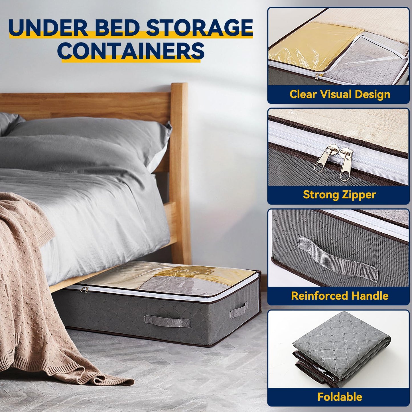 AIOR 2PCS 60L Underbed Storage Bags with Viewing Window, Foldable Container Closet Organizer Bags for Clothes, Comforters, Blankets, Bedding