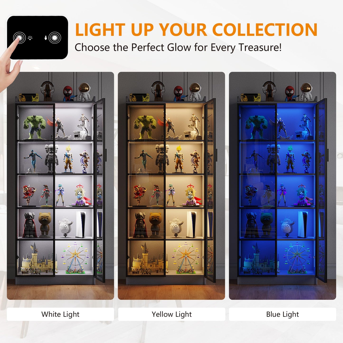 FREDEES LED Display Cabinet with 2 Doors and Adjustable Shelf, 165CM, Grey