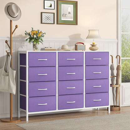 GoaHi Chest of Drawers with 12 Drawers,Bedroom Drawers, Fabric Dresser with Wood Top,Drawer Storage Unit for Bedroom, Living room,Purple