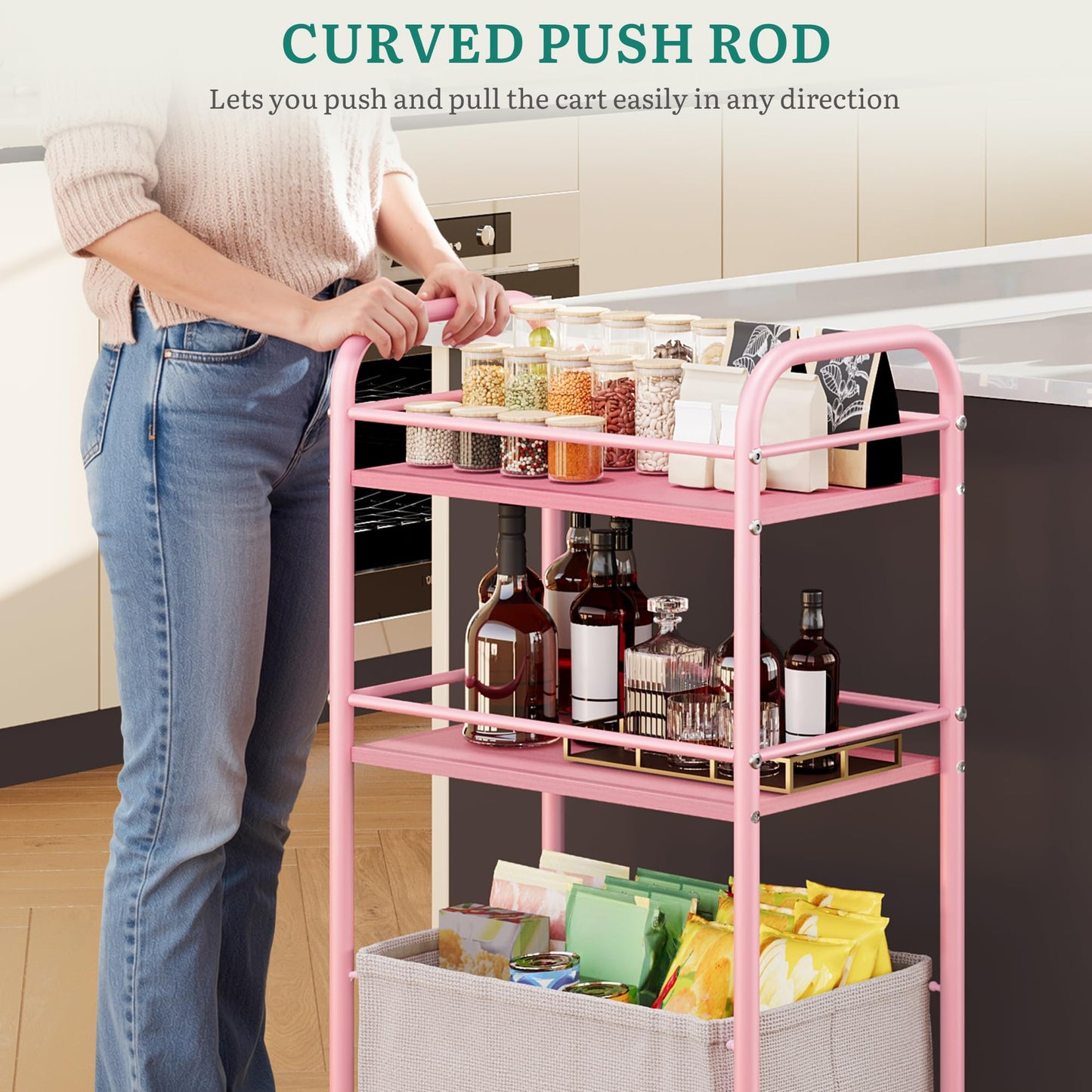 YITAHOME pink metal trolley on wheels, 3 Tier kitchen trolley, storage trolly with Woven Basket, Lockable Wheels, Handle, book cart for office