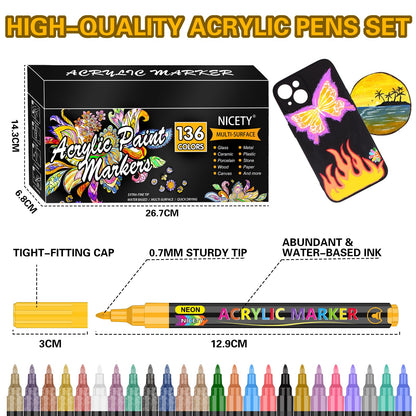 NICETY 136 Colours Acrylic Paint Pens Set - Paint Markers for Rock Painting Stone Glass Ceramic Wood Metal Fabric - 0.7mm Extra Fine Tip Water Based