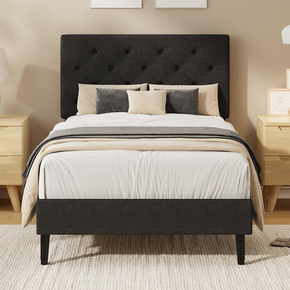 HOMBCK Single Bed Frame, 90 x 190 cm, with Adjustable Upholstered Headboard, Heavy Duty 256kg Weight Capacity, Easy Assembly, No Box Spring Needed