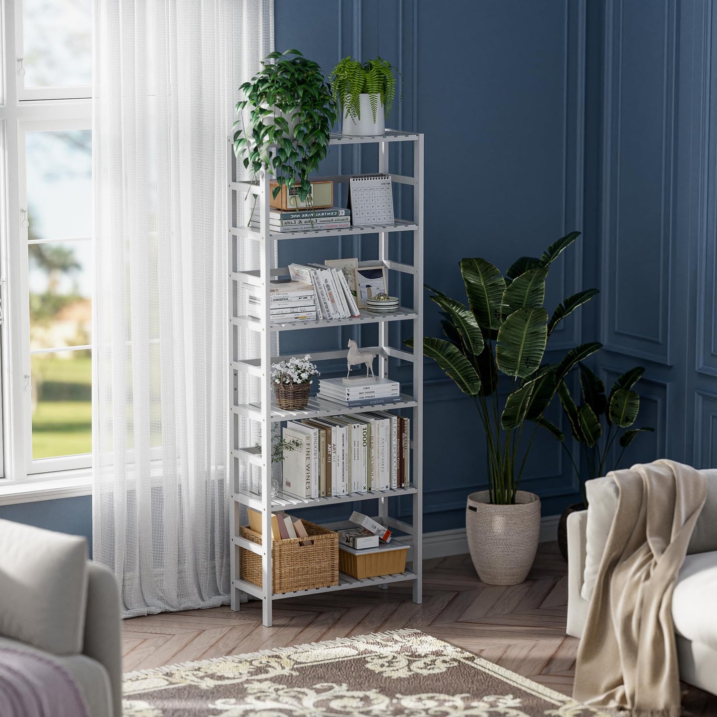 HITNET White Bookshelf, 6-Tier Adjustable Tall Bookcase, Bamboo Book Shelf Organizer, Free Standing Storage Shelving Unit, Display Flower Plant Stand