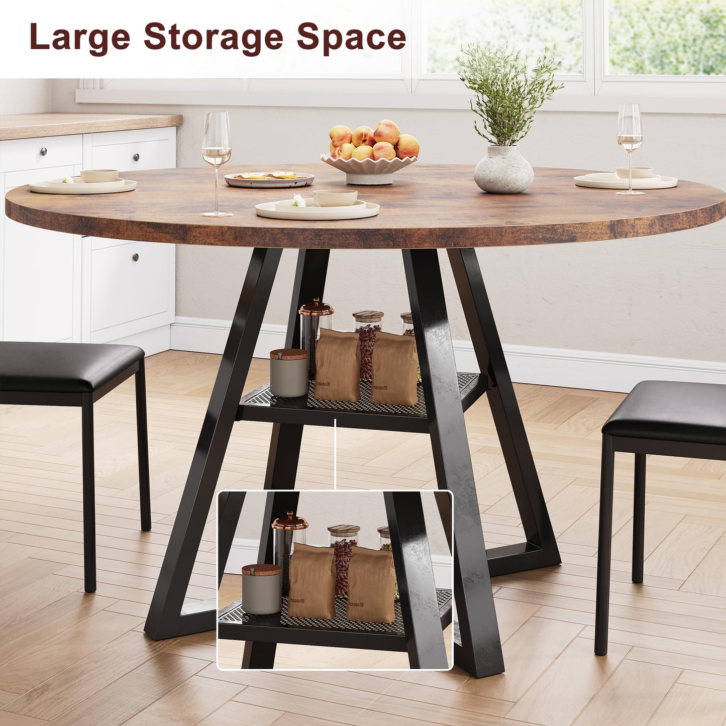 Jocoevol Round Dining Table for 2-4 People, Circle Dinner Table with Shelves, Space Saving Wood Kitchen & Dining Room Furniture (Vintage, 42 inch
