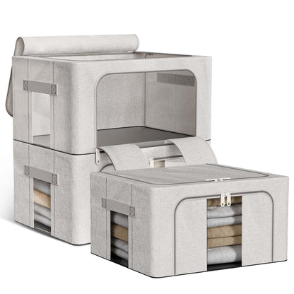 Boic 3 Pack Clothes Storage Boxes With Metal Frame, 100L Foldable Storage Boxes For Clothes