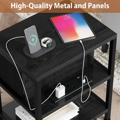 Feonase Slim Side Table with Charging Station, Narrow Bedside Table with Fabric Drawer & Storage, End Table for Living Room Bedroom Small Space