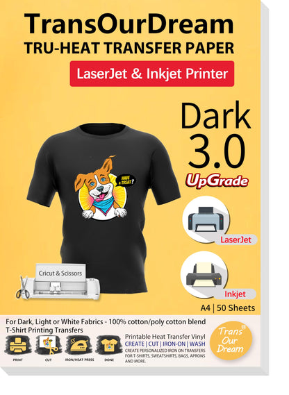 TransOurDream Tru-Transfer Paper Upgraded 3.0 50 Sheets A4 for Inkjet&Laser Printer Iron On Heat Transfer Paper for Dark Fabric Transfer Paper for