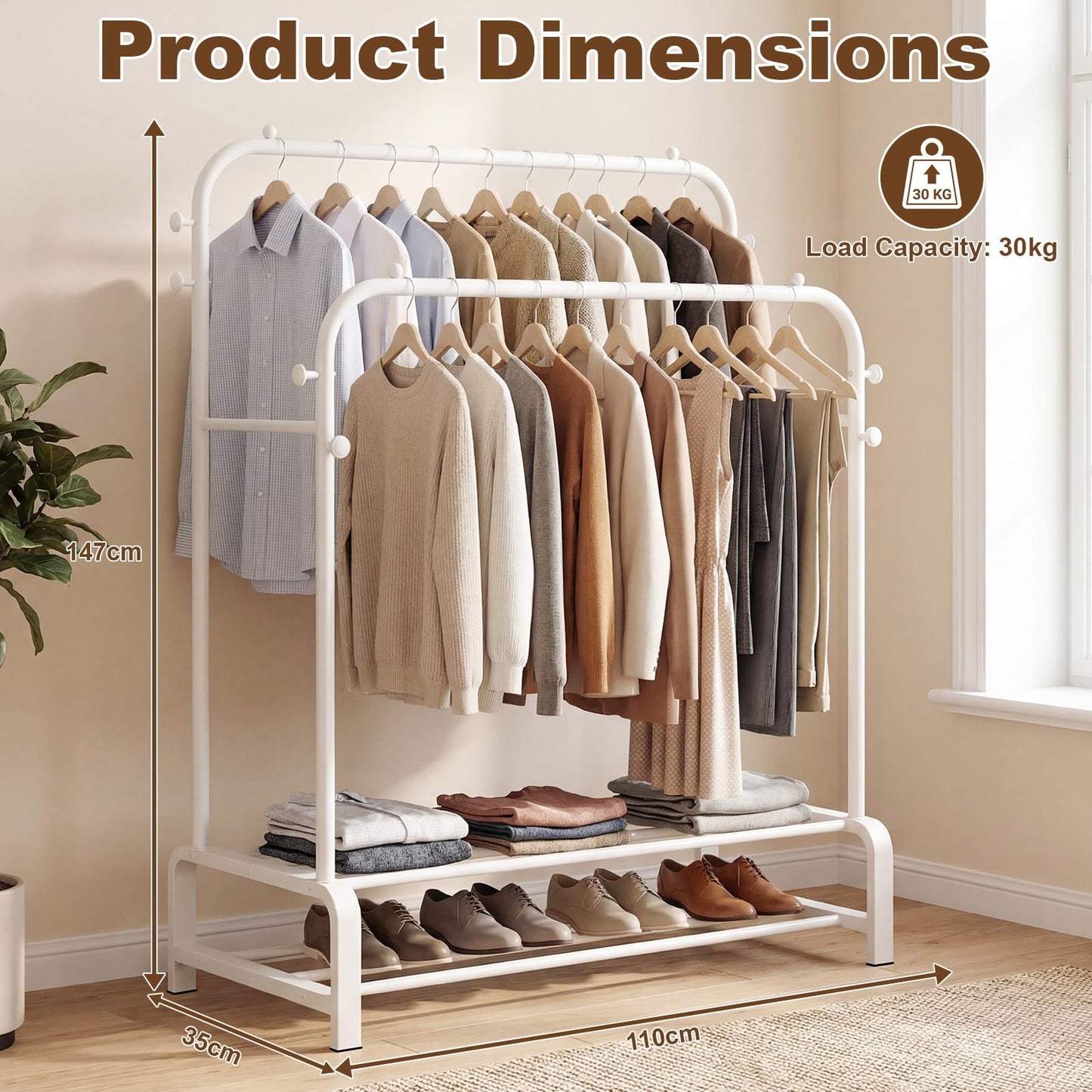 OPPAIYA Heavy Duty Double Rod Clothes Rail, 110cm Garment Rack Supports Up to 80kg (Even Weight Distribution)