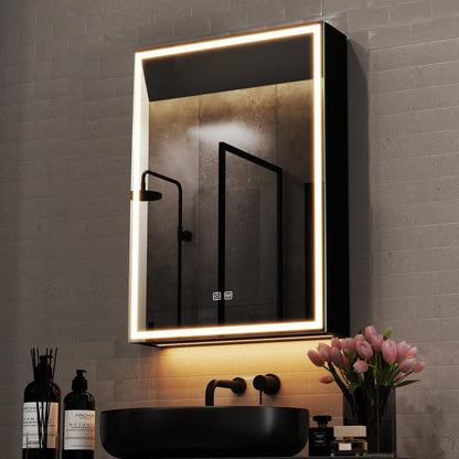 STARLEAD Illuminated-Bathroom-Mirror-Cabinets-with-Lights 500x700mm, Matte Black Aluminium Wall-Mounted-Storage with Adjustable Shelves