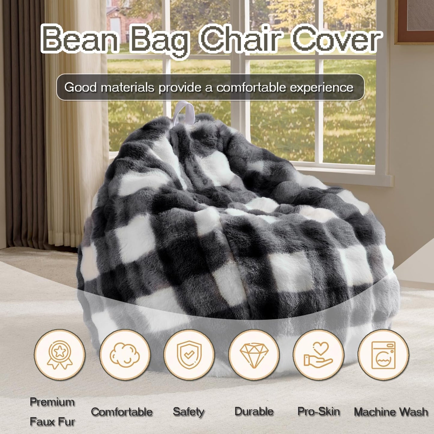 Fluffy Faux Rabbit Fur Bean Bag Chair Cover(No Filler),Cozy Shaggy Bubble Stuffed Animal Storage Large Bean Bag Cover for Bedroom Living Room,Fuzzy