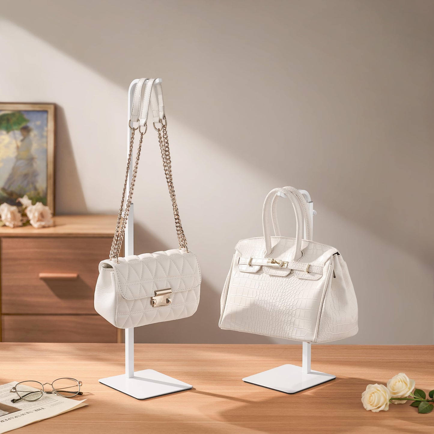 pickpiff 3 Pack Purse Holder Handbag Display Stand: White Hanger Rack for Bags, Purses, and Wreath, Adjustable Hook Stand for Tabletop, Closet