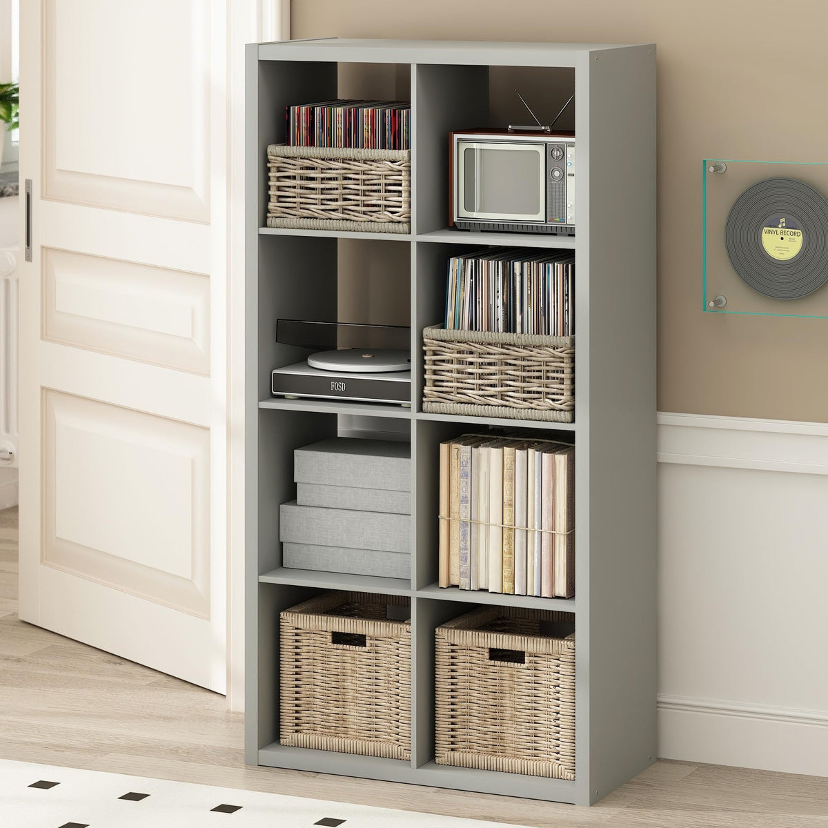 Furinno CUBICLE Record Player Stand with Vinyl Storage, 8-Cube 3cm Extra Thick Vinyl Record Storage