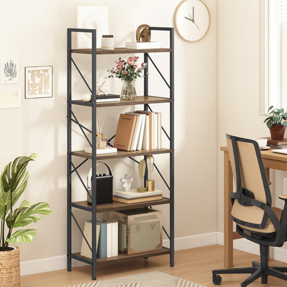 DWVO 5 Tiers Book Shelf, Wood and Metal Bookcase Storage Organizer, Industrial Bookshelf Tall Shelving Unit Display Rack for Living Room Kitchen