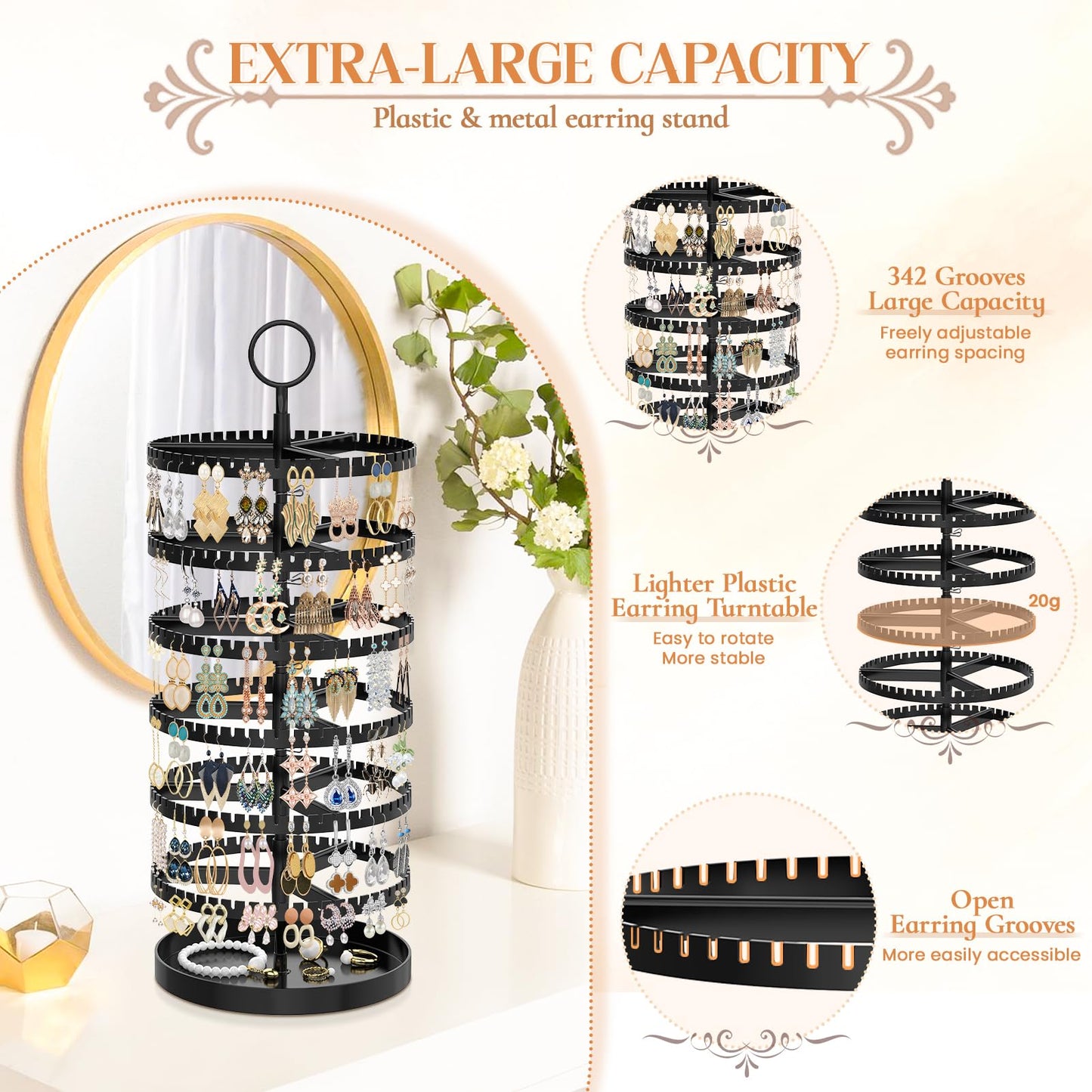 iDavosic.ly 6 Tier Rotating Earring Holder Organizer with Metal Tray, Black