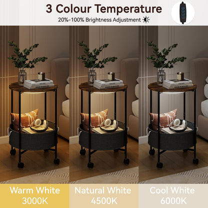 ARTETHYS Side Table, Small Side Coffee Tables for Living Room, End Table with LED Lights, Wheels, Storage Basket, Bedside Sofa Tables for Bedroom