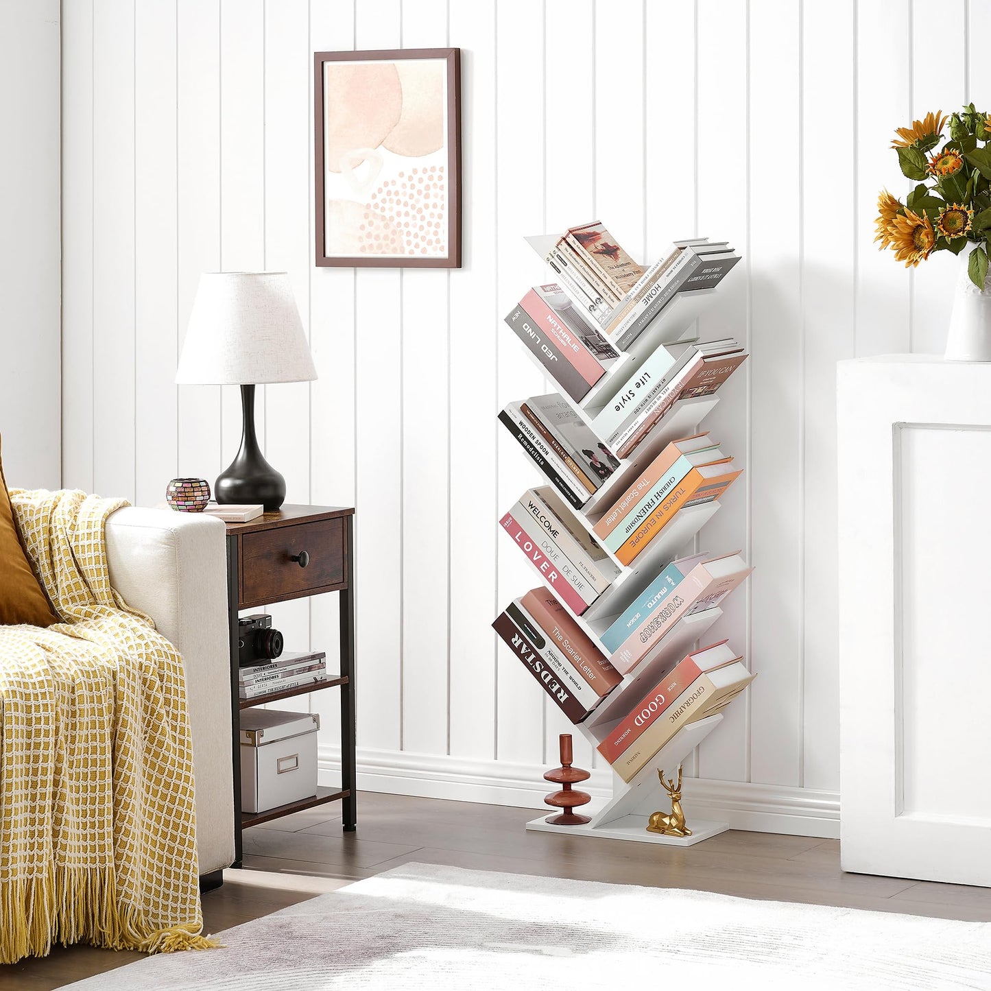 Hoctieon 10 Tier Tree Bookshelf, 10 Shelf Bookcase, Free Standing Tree Bookcase, Display Floor Standing Shelf for Books