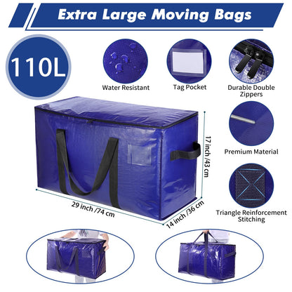Uhogo 110L 6 Pack Heavy Duty Extra Large Storage Bags - Thicker Waterproof Storage Bags with Zips for Moving, Travelling, Camping, University, Garden