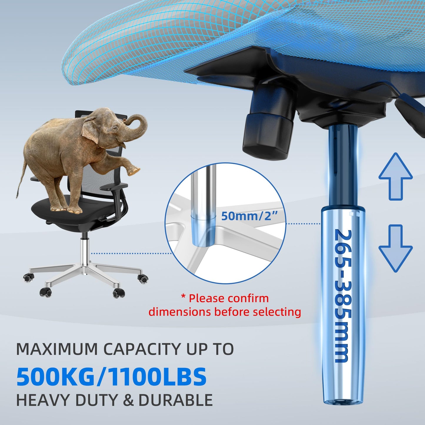 WEWILL Gas Lift for Office Chairs, Gas Spring Office Chair Replacement, Maximum Load 450 kg, Height-Adjustable Gas Pressure Damper for Swivel Chairs