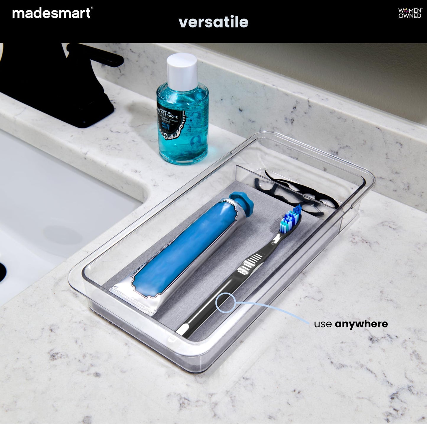 madesmart Dental Tray Drawer Organizer with Drying Stone, Clear Plastic Drawer Organizer for Toothbrush, Dental Floss, Water Flossers, Toothpaste