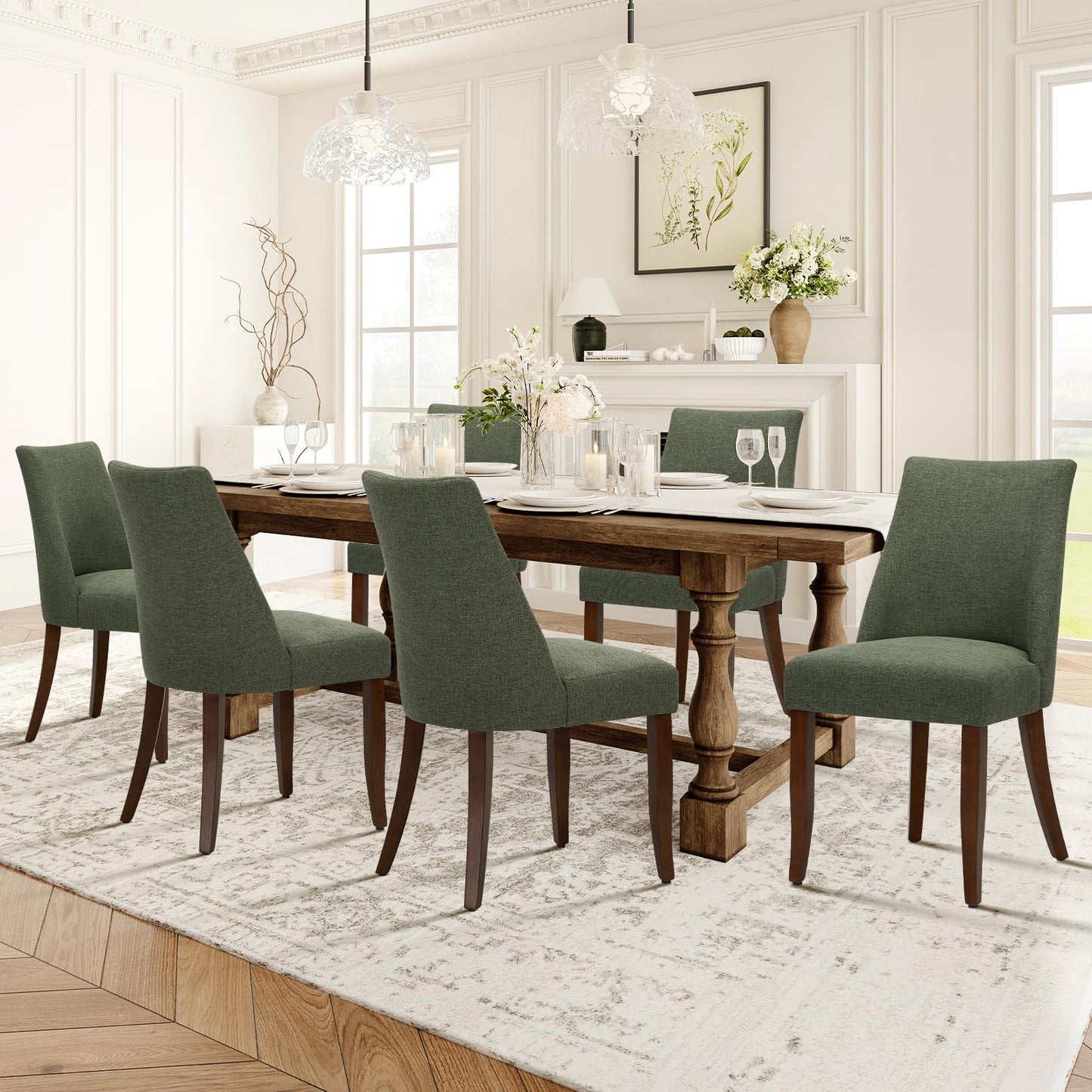 COLAMY Upholstered Dining Chairs Set of 6, Linen Fabric Parsons Dining Room Chairs with Curved Backrest, Solid Rubber Wood Legs