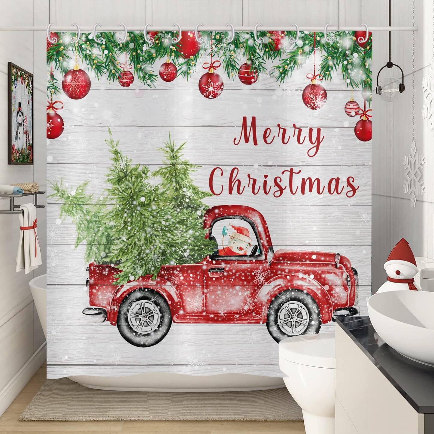 ASDCXZ Christmas Shower Curtain 180 x 200 cm, Retro Wood Grain Red Truck Snowman Christmas Tree Bathroom Washable Shower Curtains Polyester Textile
