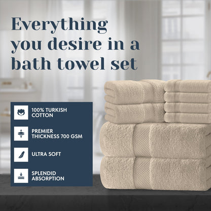 White Classic Luxury Brown Bath Towel Set of 8 Pieces - 100% Turkish Cotton 700 GSM Highly Absorbent Towels for Bathroom, 2 Bath Towels