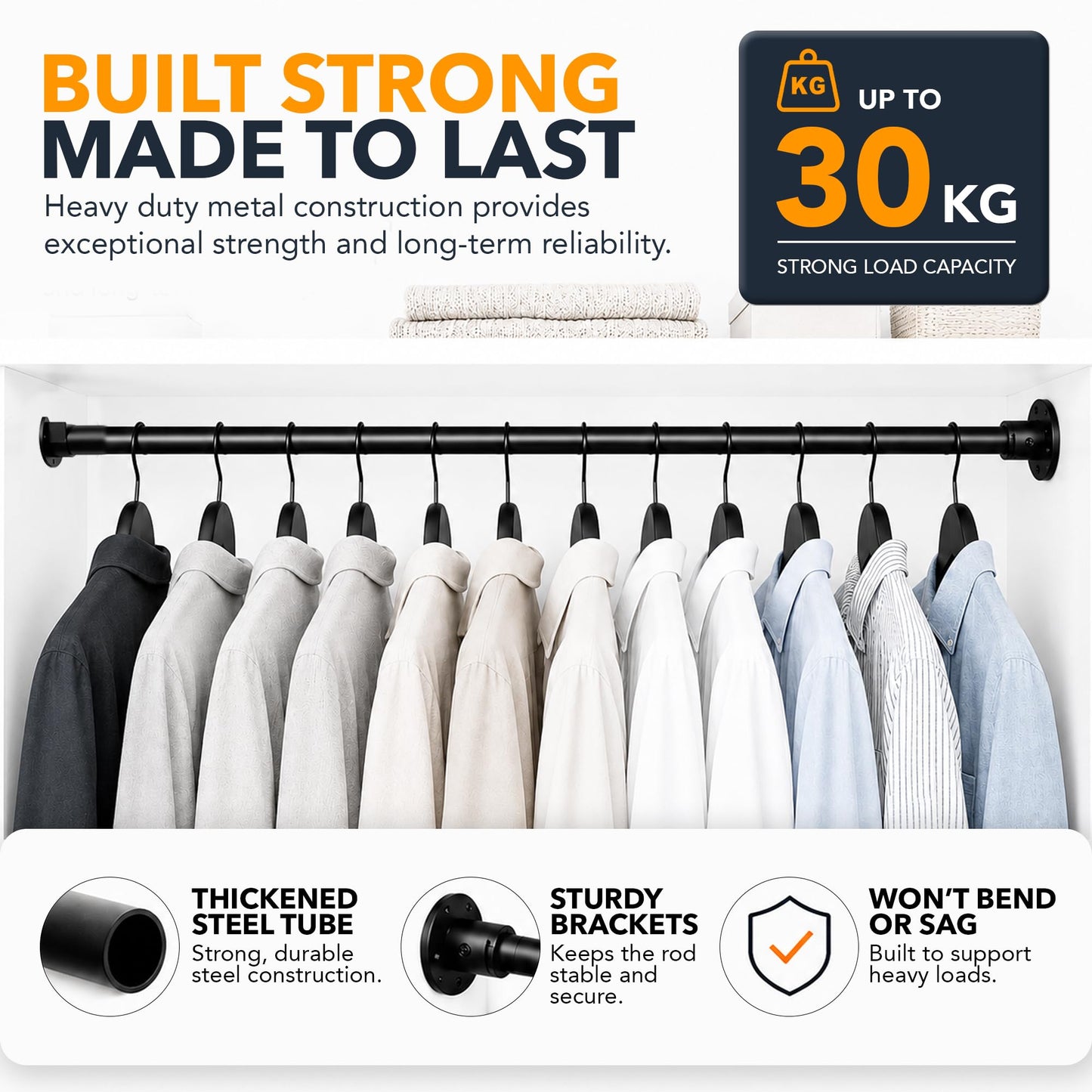 Extendable Wardrobe Rail 43-97cm, Heavy Duty Metal Wardrobe Pole, Wardrobe Rails and Fittings for Cupboards, Closets