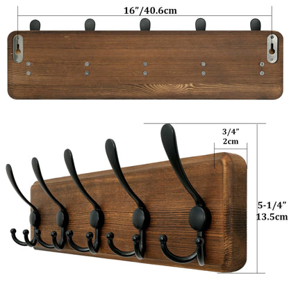 WEBI Coat Rack Wall Mount,Wood Coat Hooks Wall Mounted,16" Hole to Hole,Coat Hanger Wall,Hook Rack Rail,5 Triple Hooks for Hanging