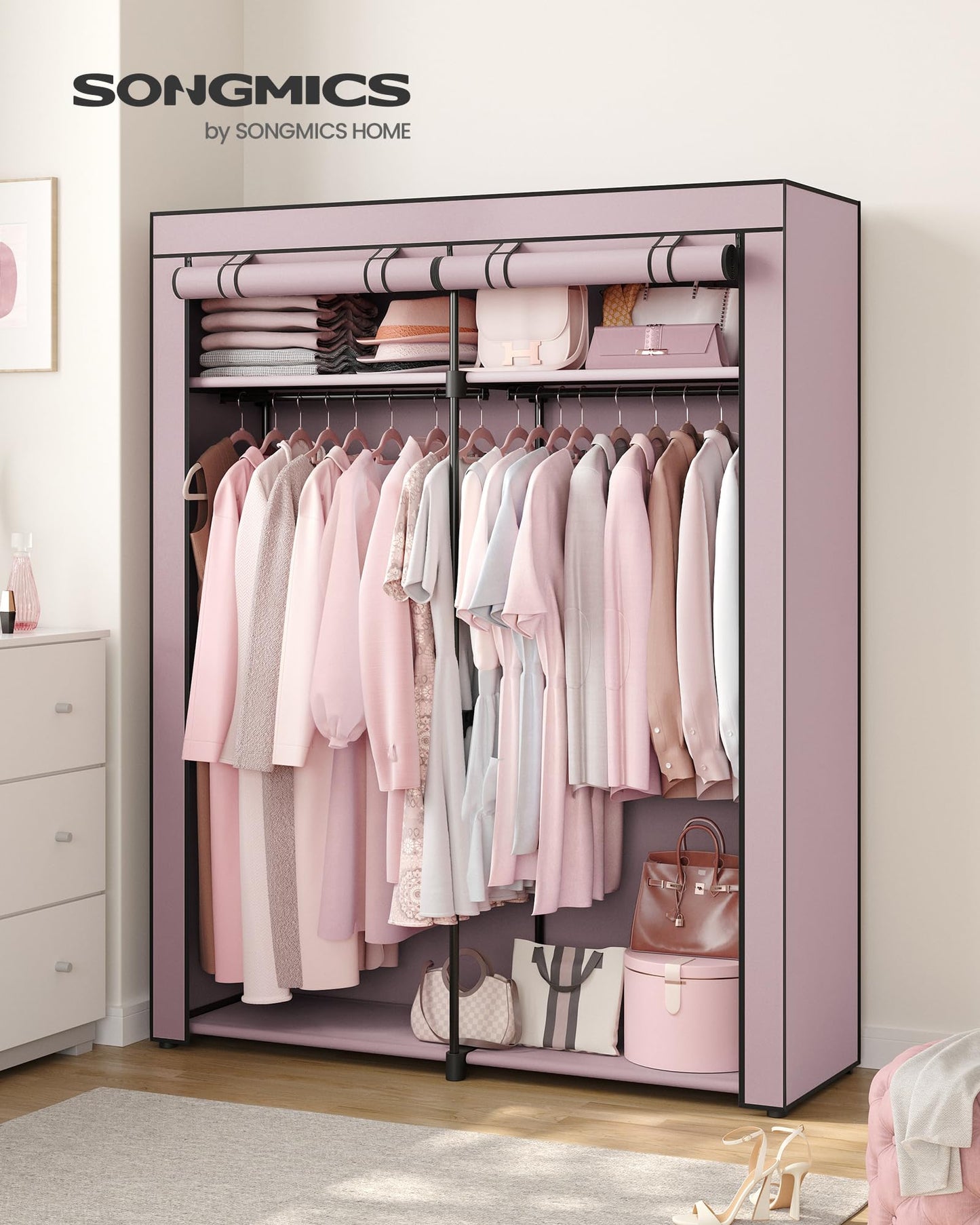 SONGMICS Wardrobe, Clothes Storage Wardrobe for Bedroom with 2 Clothes Rails, Fabric Portable Wardrobe, Collapsible, Clothes Rack, for Closet, 140 x