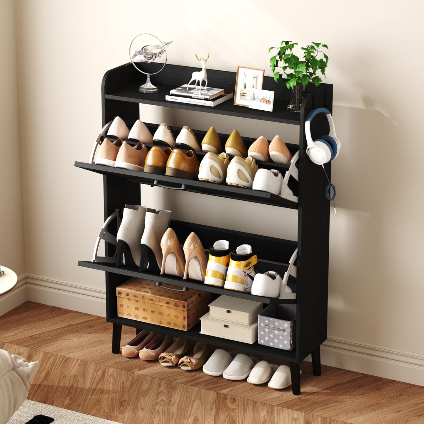 HOME BI Farmhouse Shoe Cabinet with Two Flip Drawers,3-Tier Shoe Storage Organizer with Open Shelf & Top Display,Freestanding Narrow Hidden Shoe Rack