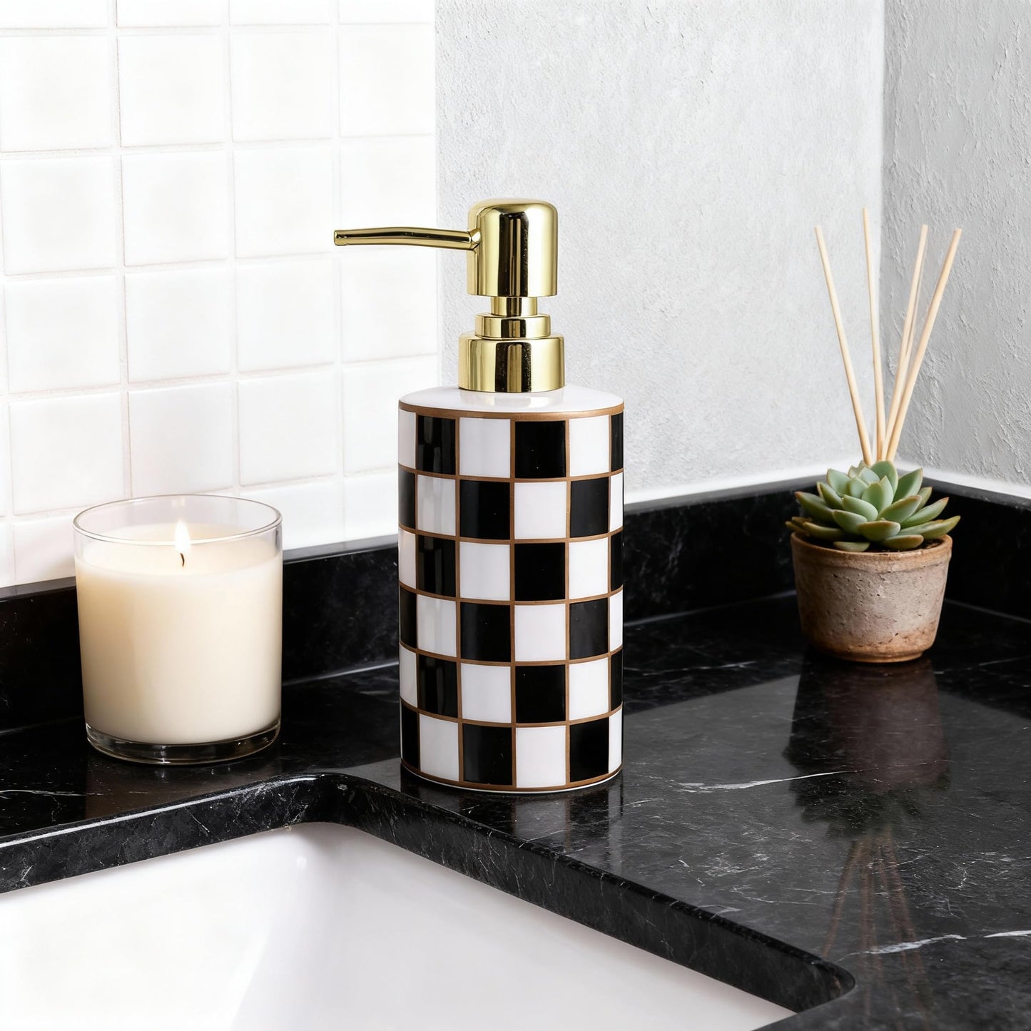 Checkered Bathroom Soap Dispenser,Gold Pump Ceramic Soap Dispenser,Kitchen Checkerboard Empty Pump Bottle,Bath Countertop Storage Organizer,Checkered